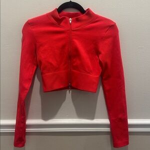 Red Long Sleeve Cropped workout gym Zip-Up Top